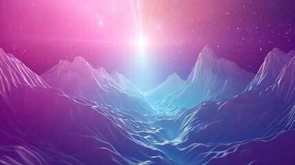 Futuristic wireframe mountain landscape creating a vibrant path towards a bright ethereal light expanding in the starry galaxy, representing technology, data, and fantasy
