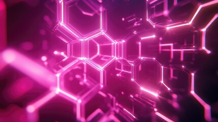 Abstract background showing interconnected glowing hexagonal shapes and lines, representing concepts of data, technology, science, and network communication in a vibrant digital space