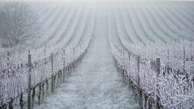 Starting camera pushing forward along grassy path at frosty vineyard, revealing pruned vines, posts