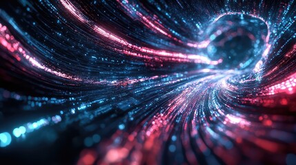 Abstract visualizing concept showing fast flowing digital data as vibrant blue and pink glowing particles and light lines moving through a dynamic, twisting geometric tunnel structure with depth