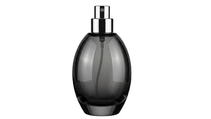Obraz premium Elegant dark glass perfume bottle with silver spray top isolated on white background representing luxury fragrance and beauty product