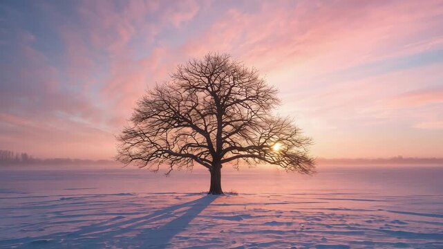 Rising sun warming pastel clouds, lighting solitary leafless tree on snowfield, shadow shortening