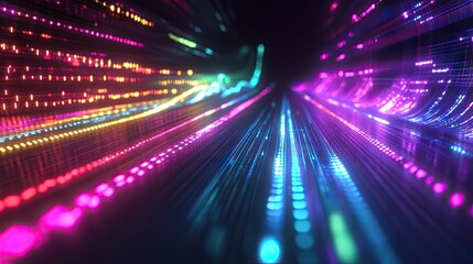 Vibrant light lines creating an abstract representation of fast data transfer, high speed communication, and future technology connecting global networks