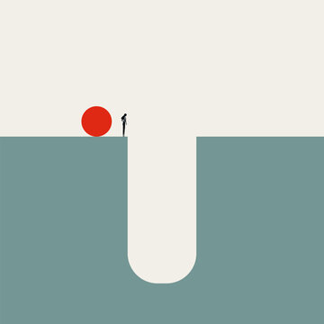 Minimal vector concept illustration of a businesswoman facing a deep gap with a red ball goal, symbolizing obstacles, challenges, and risk assessment.