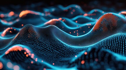 Abstract waves forming a futuristic digital landscape, representing big data visualization, network connections, machine learning, and technological innovation with glowing information points