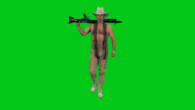 Cinematic style of middle aged shirtless man wearing cowboy hat walking with a machine gun and cartridge belt on green chroma key background