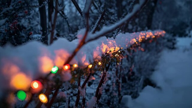 Shifting focus camera revealing snowy branch at hedge, highlighting multicolored bulbs against snow