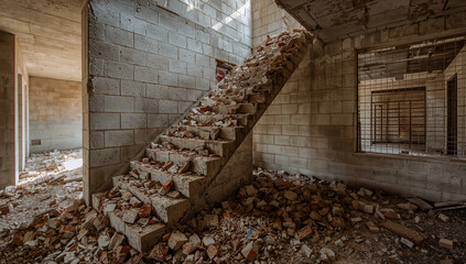 Dilapidated concrete staircase in an abandoned building with rubble scattered everywhere
