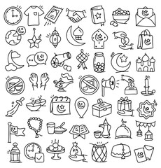 Ramadan Islamic Line Icons Set – Muslim Prayer, Charity, Iftar Food, Mosque, Crescent Moon, Lantern, Eid Mubarak Religious Outline Illustration