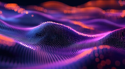 Stylized glowing dots undulating to form a futuristic abstract background illustrating concepts of big data, artificial intelligence, and global technology connections