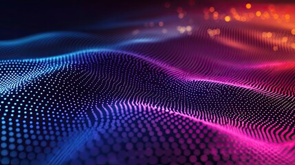 Abstract digital wave forming from glowing purple and orange connecting dots, representing data visualization, big data processing, network communication, and futuristic technology background