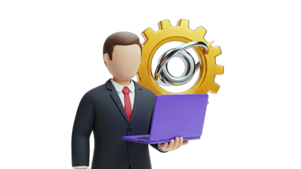 Businessman Holding Laptop with Gear Icon - Business Technology Concept