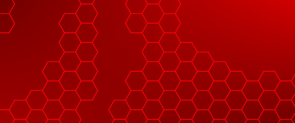 Red vector background with glowing hexagonal grid pattern, creating a modern, geometric, and tech-inspired design ideal for digital and futuristic themes.