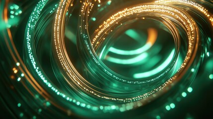 Intertwined glowing fiber cables representing high speed data flow and global network communication, symbolizing modern digital technology and advanced abstract information transfer