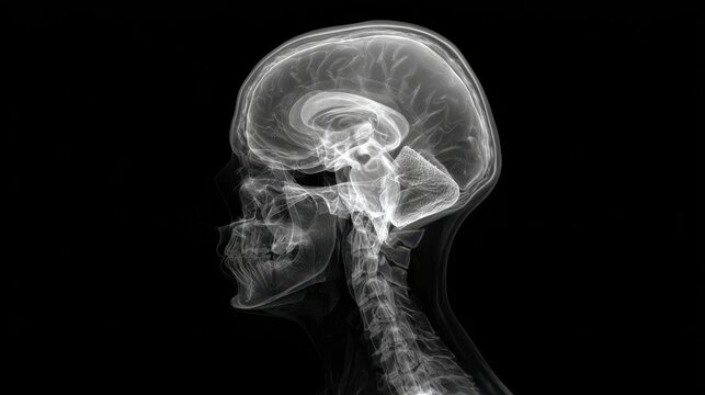 Detailed X-ray image of human skull and brain anatomy showing nervous system and spinal connection