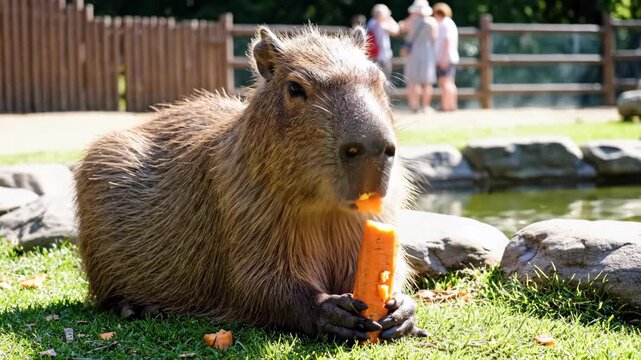 Delightful capybara enjoying a fresh carrot snack on a sunny day at the zoo enclosure, adorable