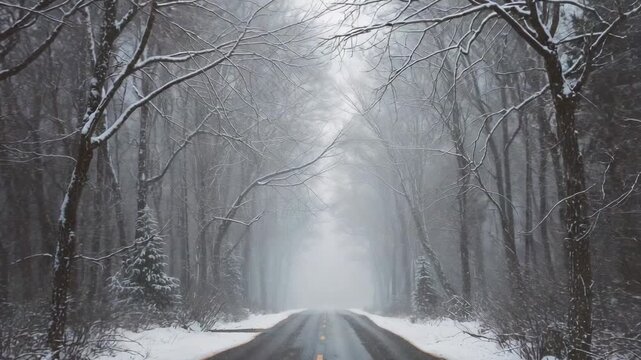 Advancing camera framing snowy road with arching trees at rural road, revealing foggy horizon