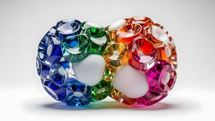 Vibrant faceted glass sculpture in rainbow colors, isolated on white background