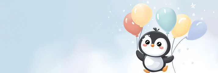 Cute penguin wearing party hat holding colorful balloons on pastel background