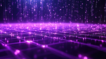 Digital data particles flowing downwards, connecting with an illuminated purple grid network surface, creating a futuristic abstract background illustrating technology concepts and communication