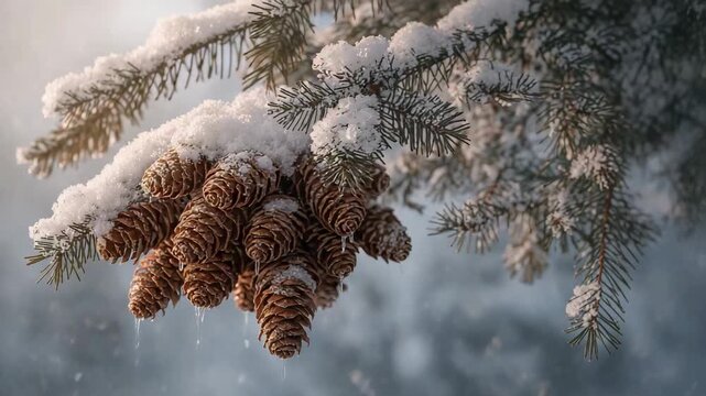 Intensifying sunlight warming conifer cones on snow-covered pine branch causing droplets falling
