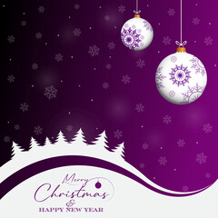Purple chrismas card design with winter landscape, pine forest, 3d baubles vector. Winter holidays concept card design to use for merry christmas greetings, winter advertising, happy new year card.
