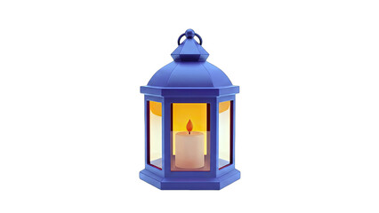 Blue Lantern with Lit Candle on White Background