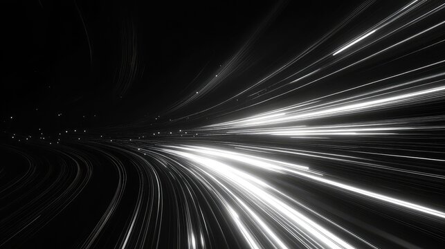Digital data streams creating a dynamic flow of light lines, illustrating fast information transmission, network connectivity, and future technology on a dark background - Powered by Adobe
