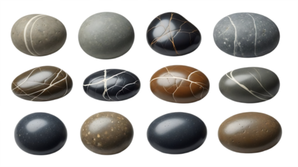 Collection of smooth polished river stones with natural patterns isolated on white background perfect for spa wellness or natural design elements