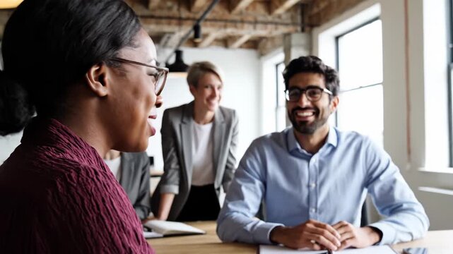 Close up of a professional black woman talking in a meeting with diverse colleagues smiling in a modern office setting