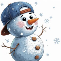 Decorative holiday illustration showing a snowman in motion, with raised arms, a bright snowman smile, and gentle snowy textures.