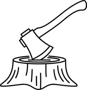A black and white line drawing of an axe stuck in a tree stump