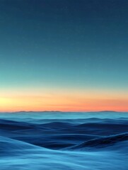 Fototapeta premium A serene winter landscape at dusk features rolling snow-covered hills under a starry sky, blending shades of blue and soft orange, creating a tranquil and ethereal atmosphere.