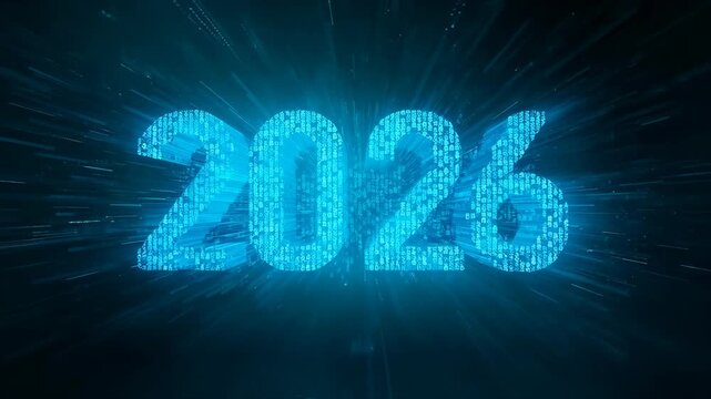 Starting matrix pattern, holo 2026 forming for year reveal, glowing in tech void with radial trails