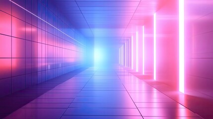Futuristic neon tunnel with glowing blue and purple lights forming a geometric, symmetrical corridor that suggests cyberspace, speed, depth and high tech virtual reality ambiance