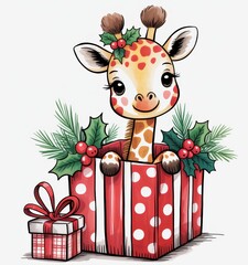 Raster artwork showcasing a festive animal character, red and white holiday palette, and joyful gift-giving theme &mdash; suitable for lifestyle promotions, whimsical decor, or curated seasonal collections.