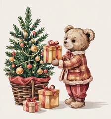 The festive bear character with holiday gift arrangement adds warmth to a cheerful celebration atmosphere.