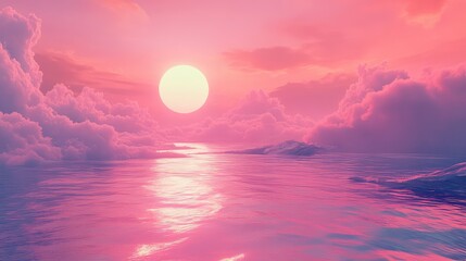 Vibrant sunset colors paint the sky and ocean in striking shades of pink and purple, with fluffy clouds reflecting the dramatic light, creating a serene and dreamy atmospheric scene