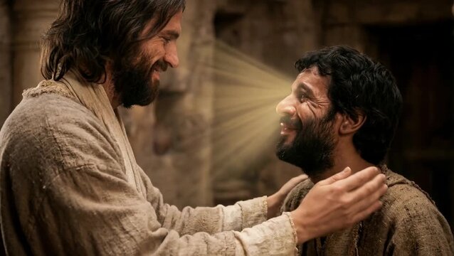 Jesus Christ heals a blind man in a quiet place during ancient times, restoring sight and joy to his life
