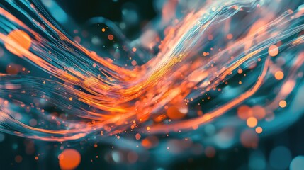 Glowing orange and teal light lines are moving with vibrant energy, visualizing interconnected digital data streams and modern technology concepts across a dark background