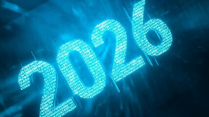 Starting holo digits 2026 growing rotating through teal data tunnel with binary code and light bars - Powered by Adobe