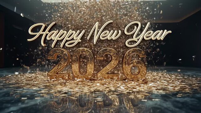 Skylight releasing metal confetti over gold numerals 2026 on shiny floor revealing Happy New Year