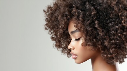 Beautiful young woman with voluminous natural dark brown coily hair. Her eyes gently close, showing peaceful grace on a clean light background.