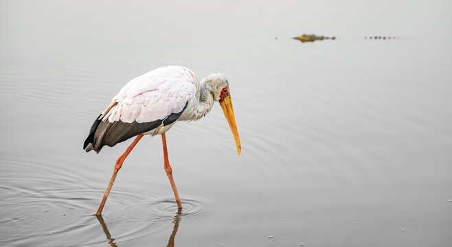 Glutton (Mycteria ibis) in the water looking for food, at sunrise, Sunset Dam, Southern Kruger National Park, Kruger National Park, South Africa