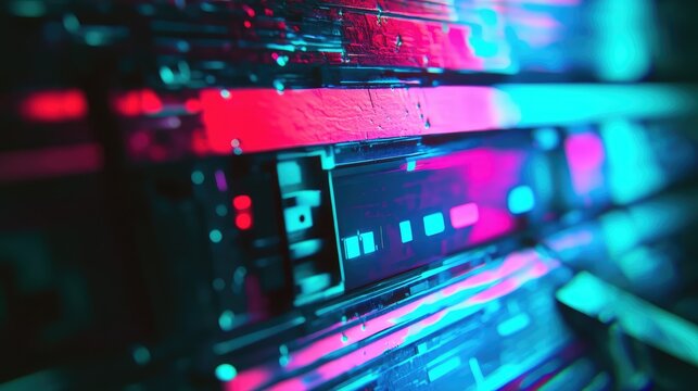 Digital data processing equipment featuring bright neon blue and pink lights, creating an abstract, futuristic and high tech environment for computing and information transmission - Powered by Adobe