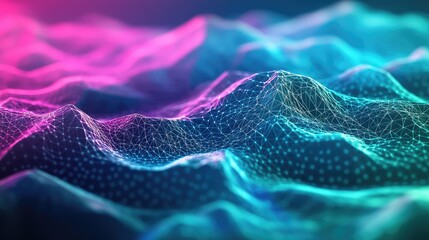 Undulating wireframe mesh of connected particles and glowing lines, illustrating data flow, digital networks, cyberspace visualization and modern technological connectivity in vibrant gradients