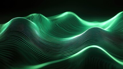 Green glowing parallel lines forming a smooth undulating wave pattern, visualizing abstract data flow, sound wave representation, or digital technology concepts on a dark background