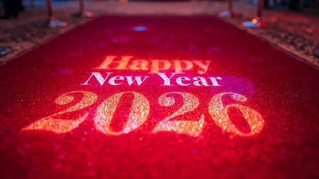 Projecting Happy New Year 2026, camera gliding on red carpet in hall with ropes, suit-clad guests