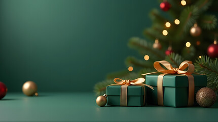 Green Christmas Decorative Background with Gift Boxes Pine Tree and Soft Festive Lighting