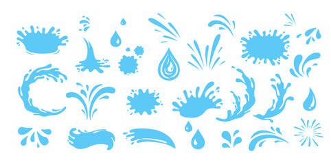 Liquid splash silhouette. Water drop splatter and droplet splash icons, water flow ripple and sea wave black shape. Vector isolated collection. Stains and ink blots or spots of various shapes
